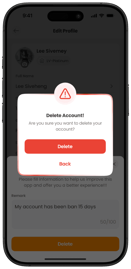 ចុចលើពាក្យ "លុប" ដើម្បីលុបគណនីរបស់អ្នក