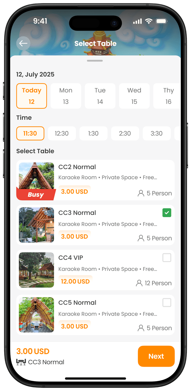 ជ្រើសរើសថ្ងៃ, ម៉ោង, និងតុ